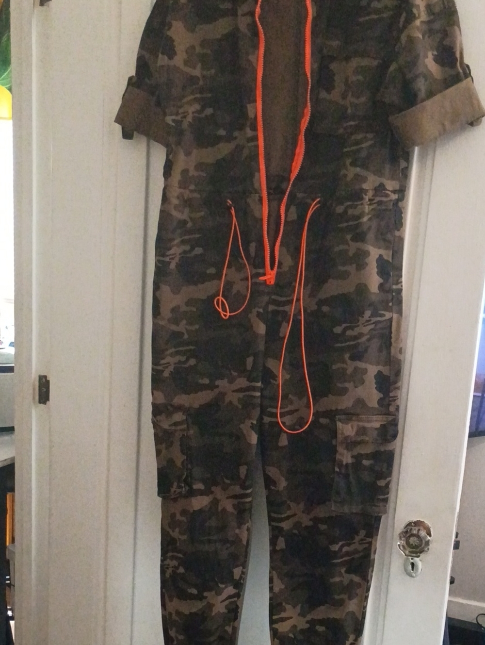 Fashion Nova Brown Camo Jumpsuit with Orange Trim